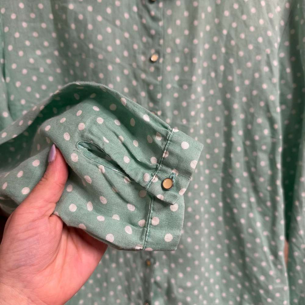Soft Surroundings Button Down Womens XL Mint Green Polka Dot Linen Shirt Coastal - Picture 9 of 9